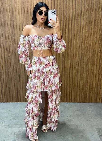 Conjunto Búzios Floral - Off/Rosa