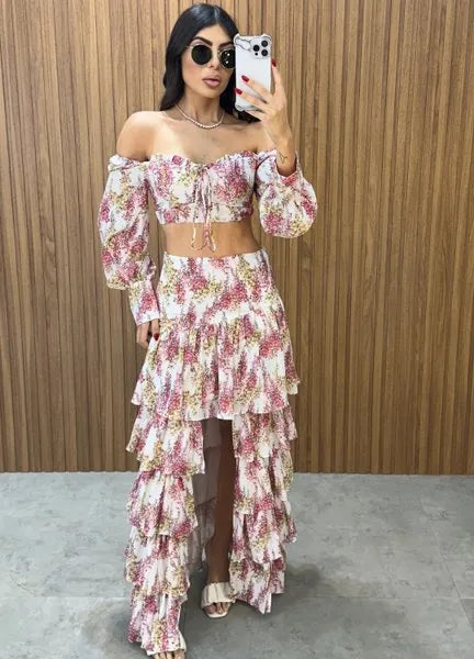 Conjunto Búzios Floral - Off/Rosa