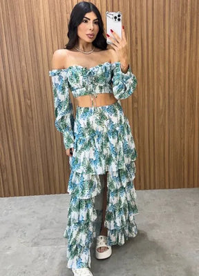 Conjunto Búzios Floral - Off/Verde