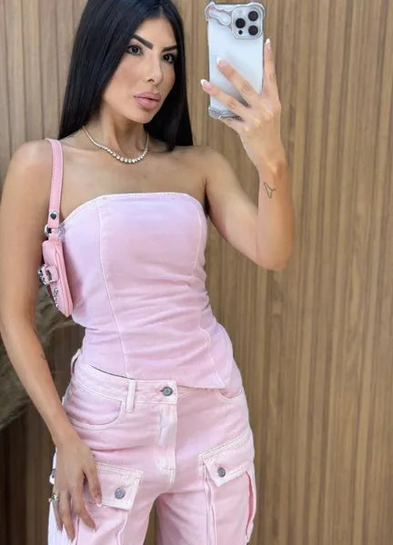 Cropped Jeans Assimétrico Alcance - Rosa